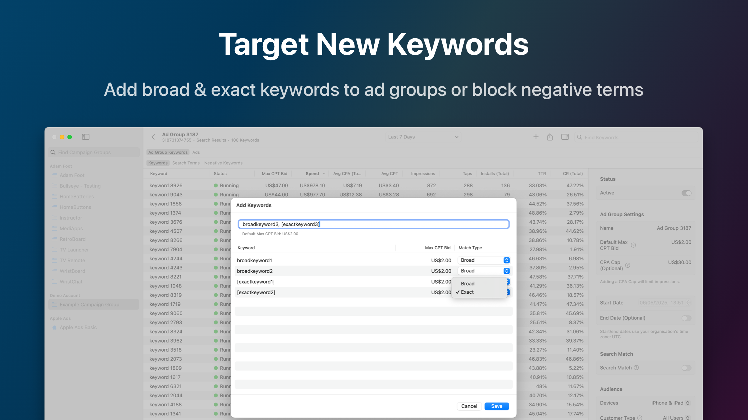 Bullseye - Apple Ads Manager voor Mac - Beheer Apple Search ADS -campagnes, advertentiegroepen en zoekwoorden media 3