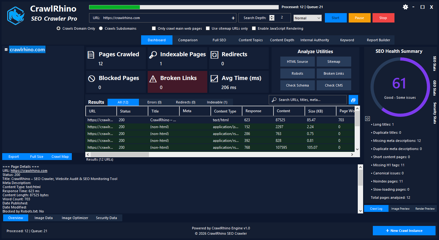 CrawlRhino SEO Crawler - Main product screenshot demonstrating key features and user interface