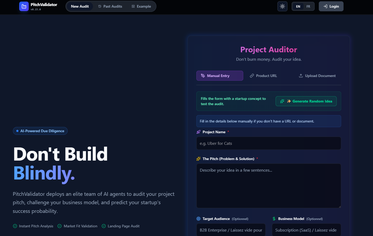PitchValidator - Main product screenshot demonstrating key features and user interface