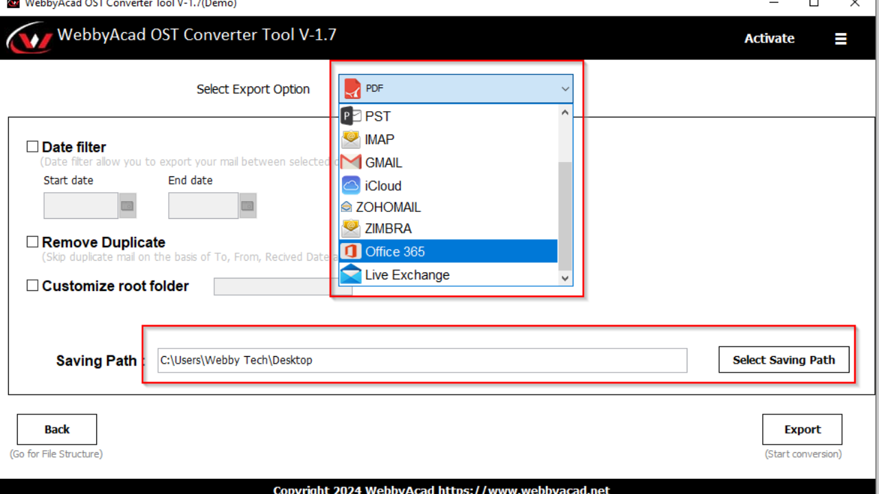 WebbyAcad OST to PST Converter Tool - Screenshot 2 showing product features and functionality
