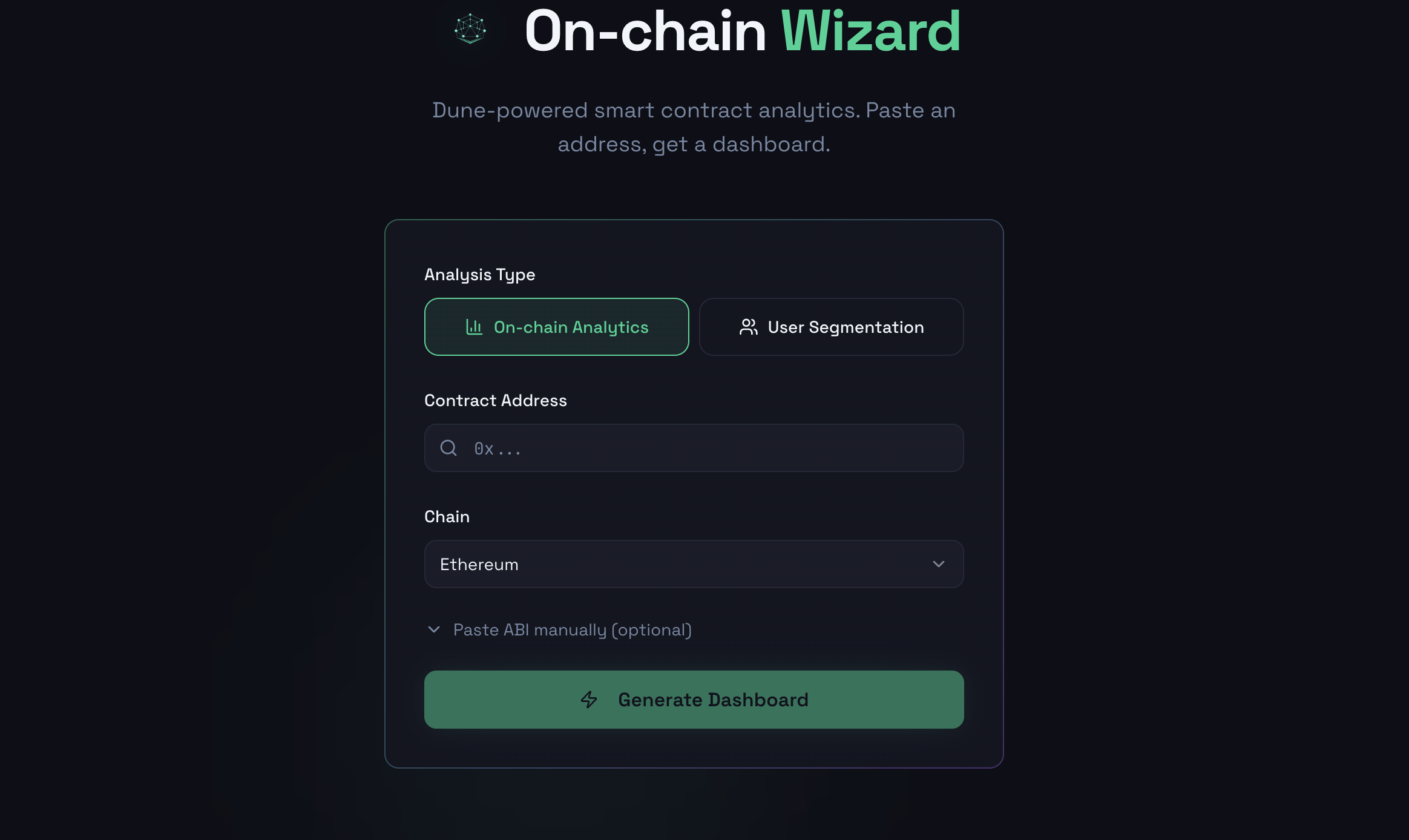 On-chain Wizard - Main product screenshot demonstrating key features and user interface