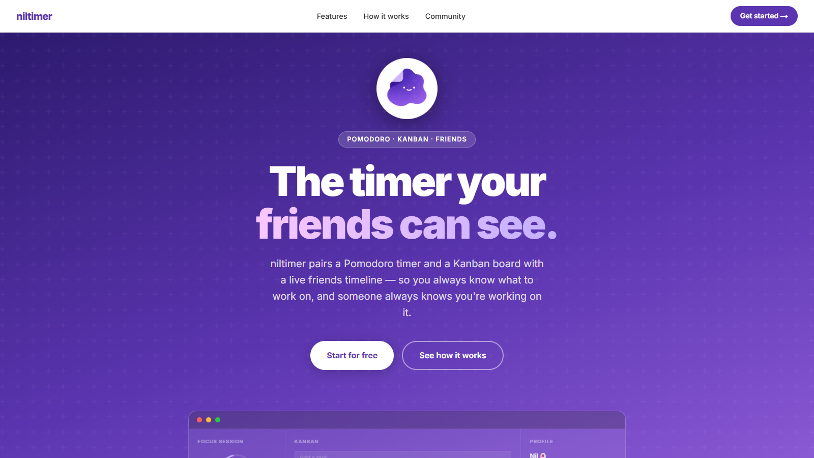 niltimer — Kanban · Pomodoro · Social gallery image