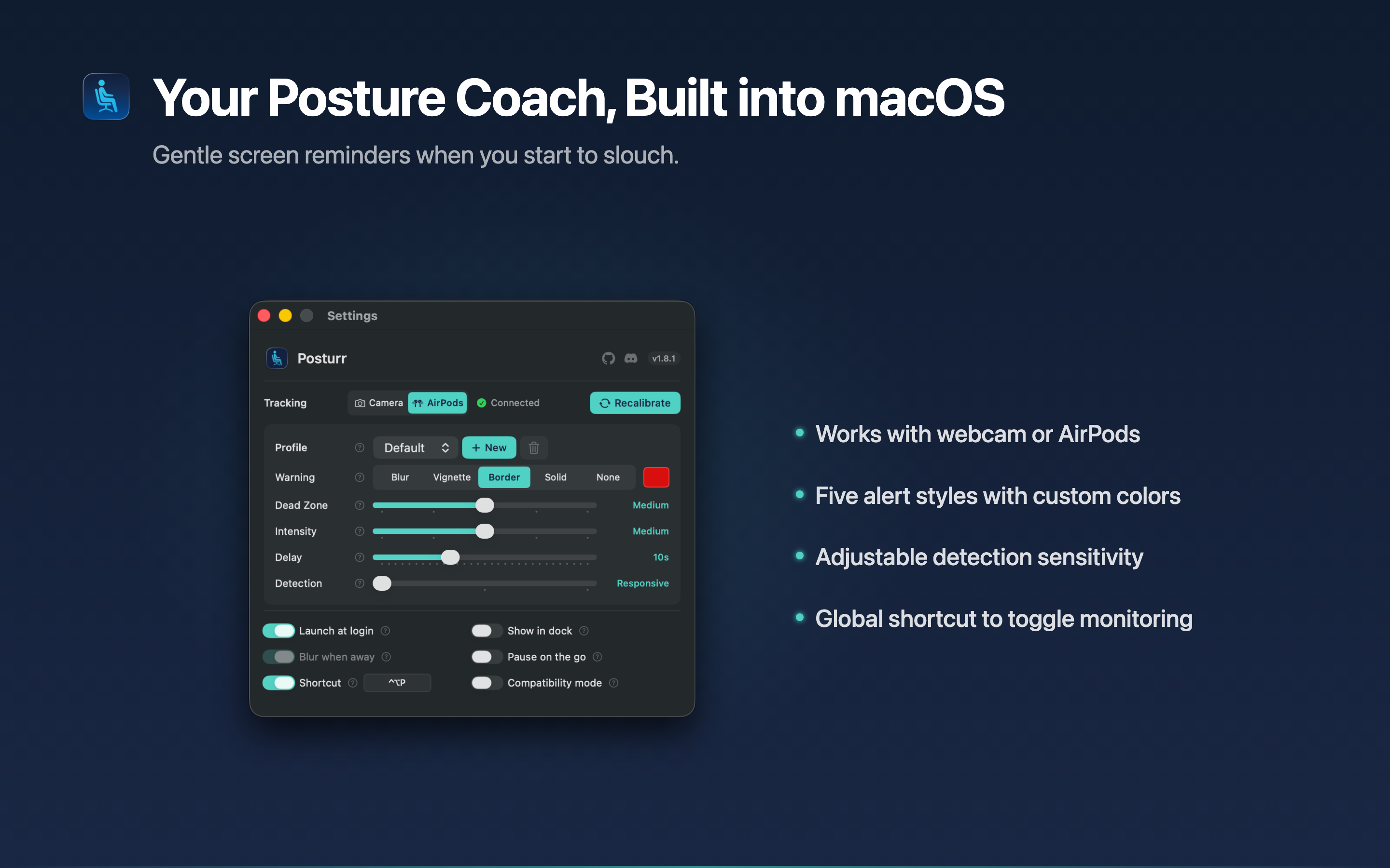 Posturr - Main product screenshot demonstrating key features and user interface