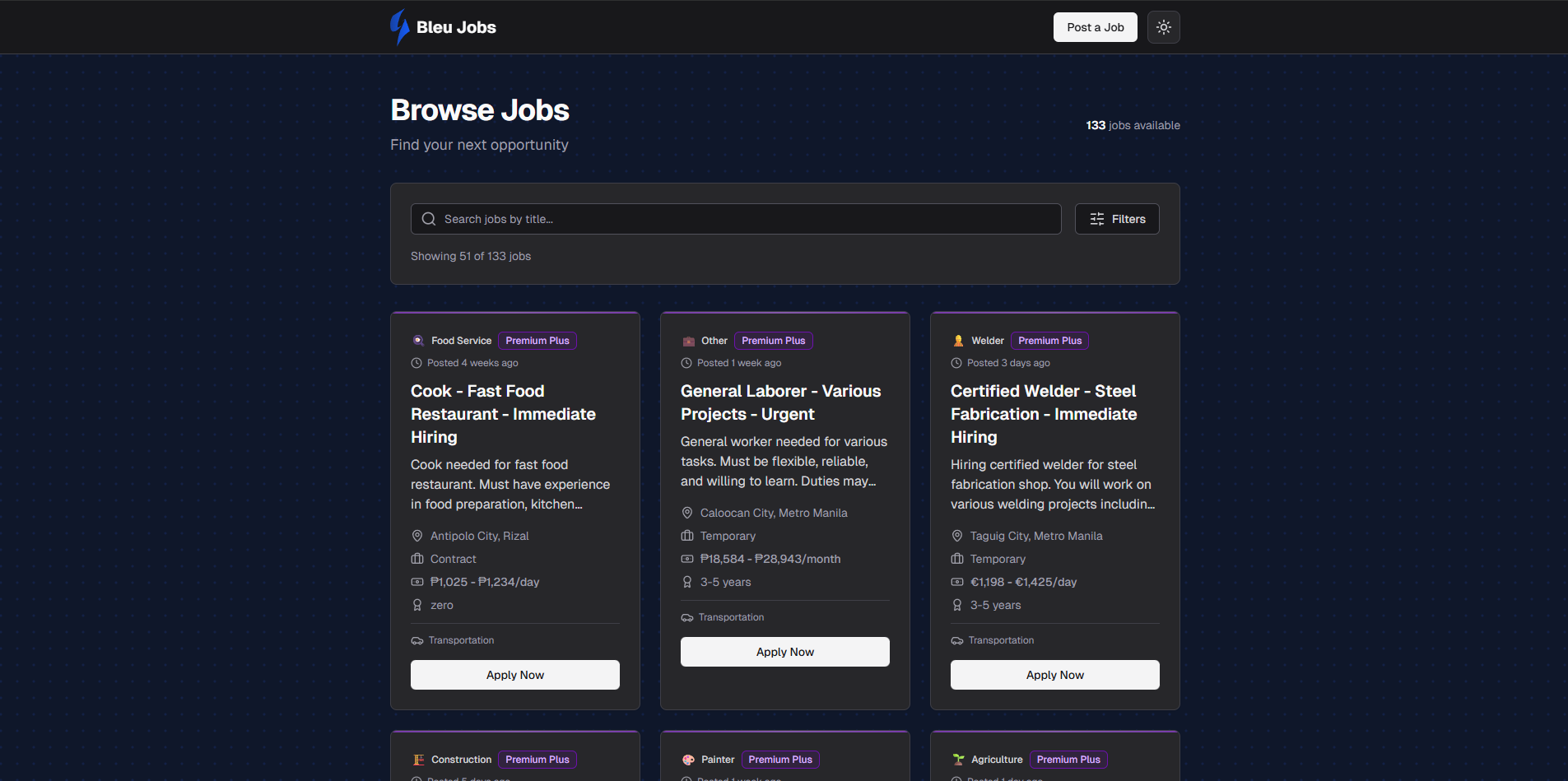 Bleu Jobs - Main product screenshot demonstrating key features and user interface