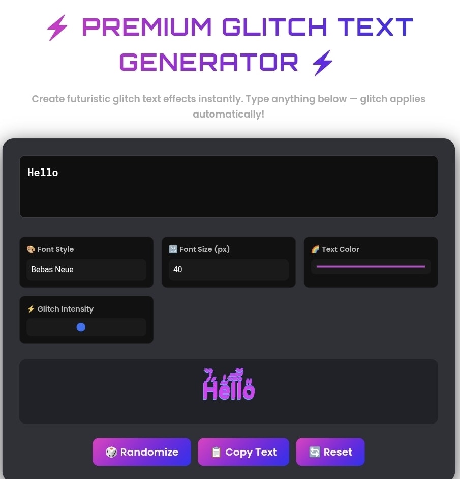 glitchtextgenrator.com - Screenshot 2 showing product features and functionality