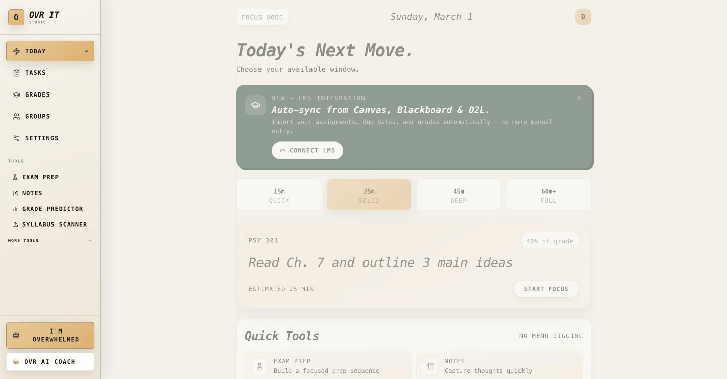 OVR IT — Study App for ADHD Students - Main product screenshot demonstrating key features and user interface