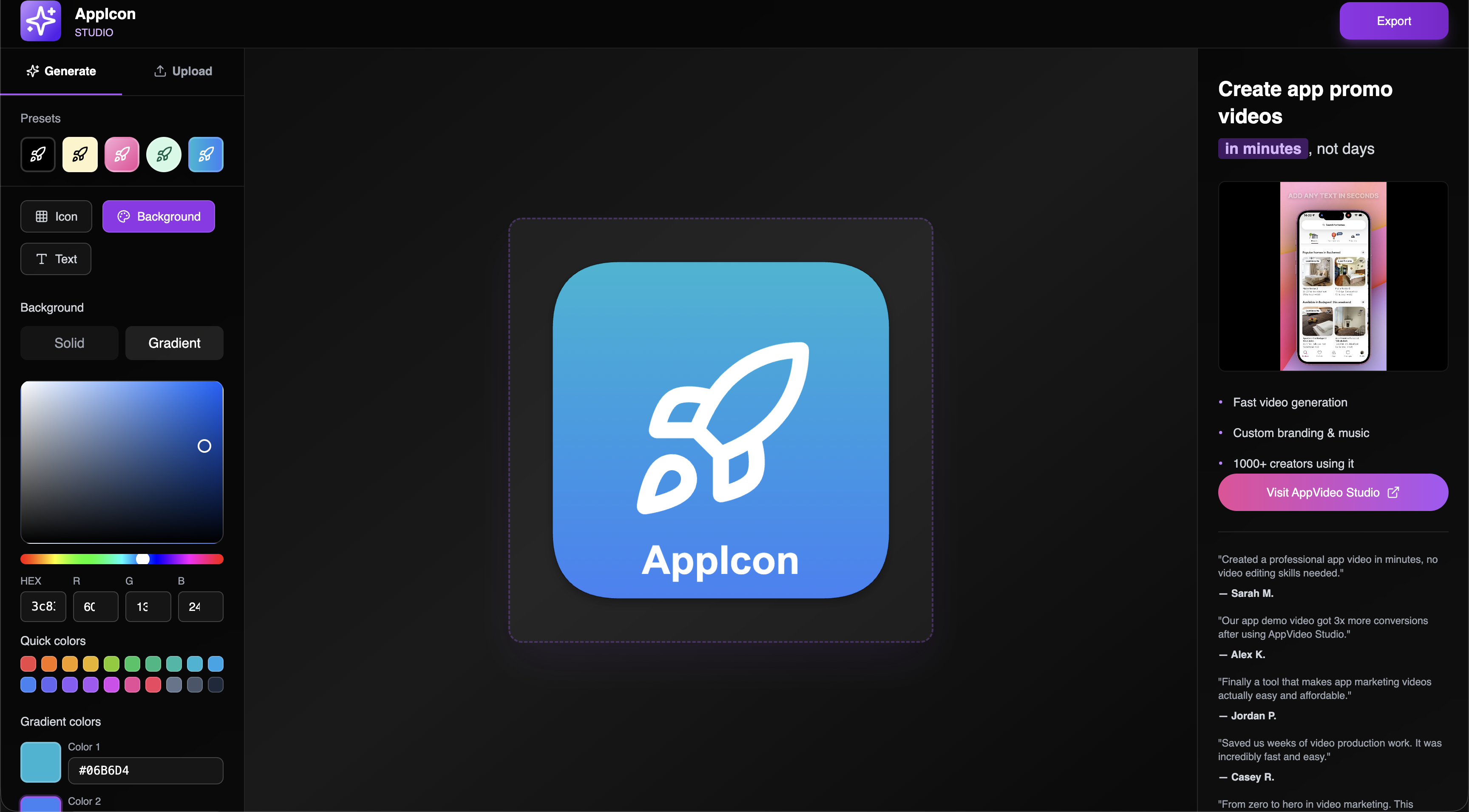 AppIcon Studio - Icons in seconds - Main product screenshot demonstrating key features and user interface