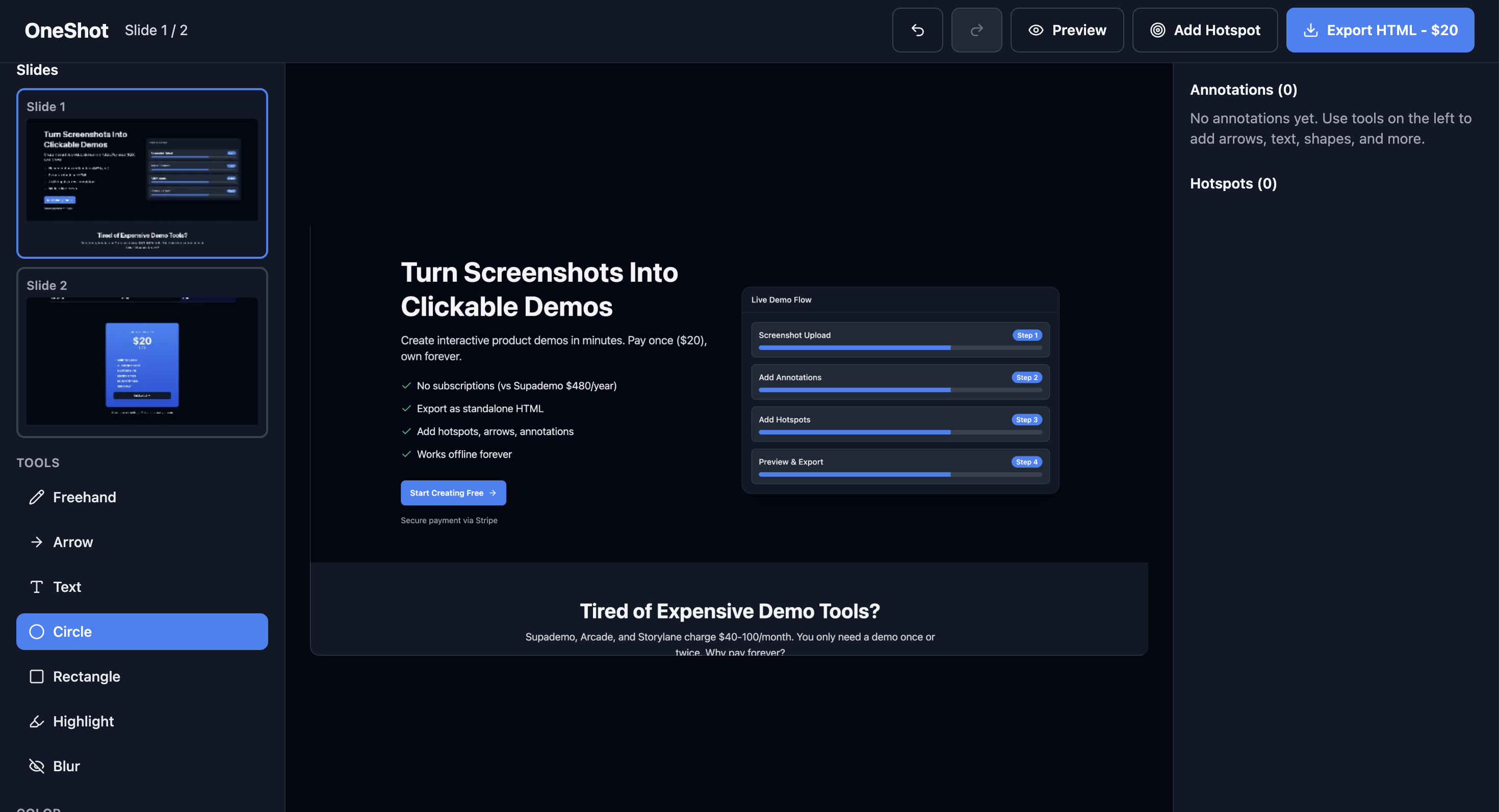 OneShot - Screenshot 3 showing product features and functionality