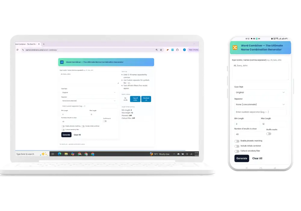 Word Combiner - Main product screenshot demonstrating key features and user interface