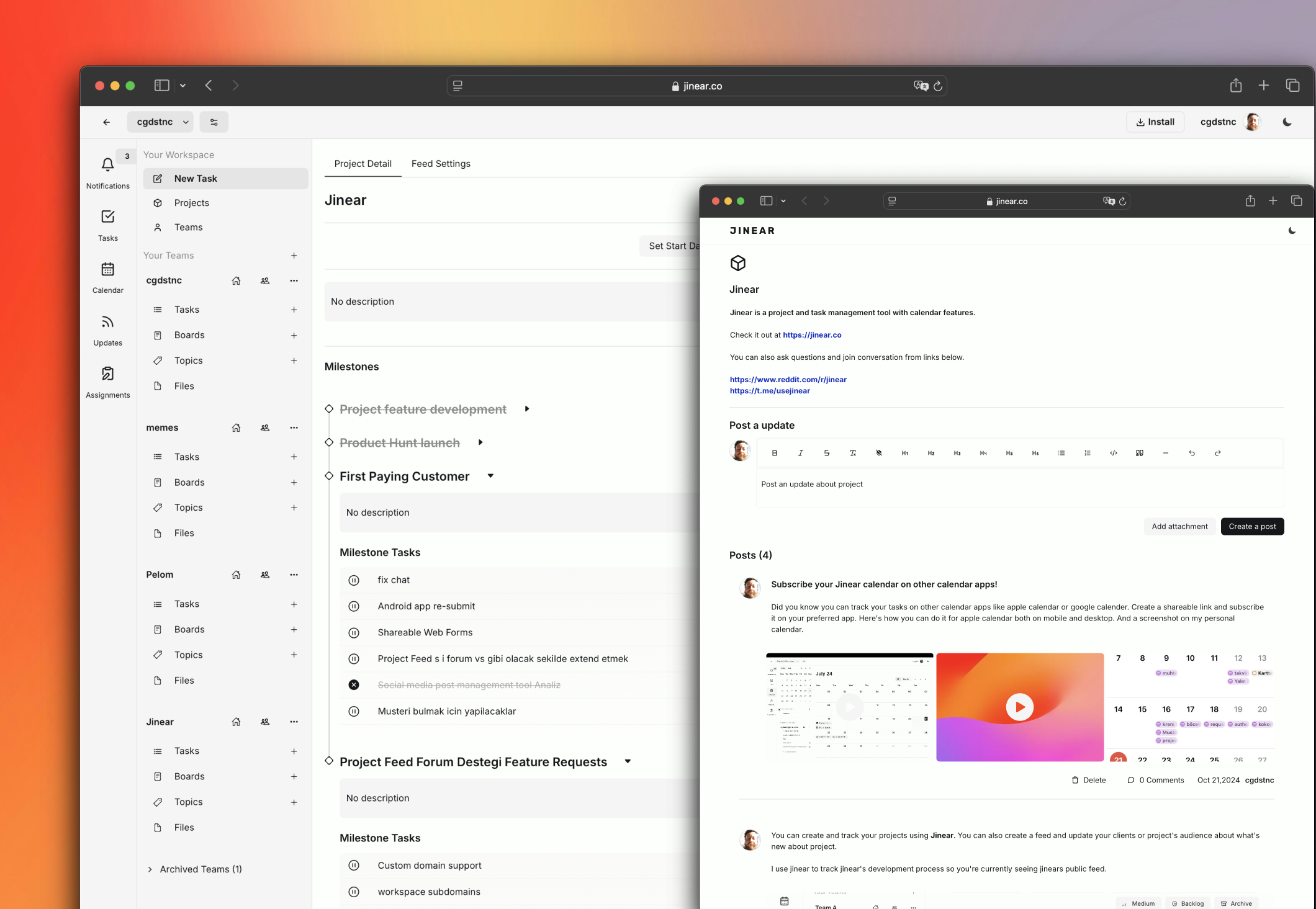 Jinear Open Source Business Hub - Screenshot 2 showing product features and functionality