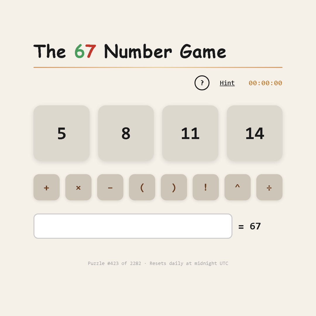 The 67 Number Game — Daily Math Puzzle - Main product screenshot demonstrating key features and user interface