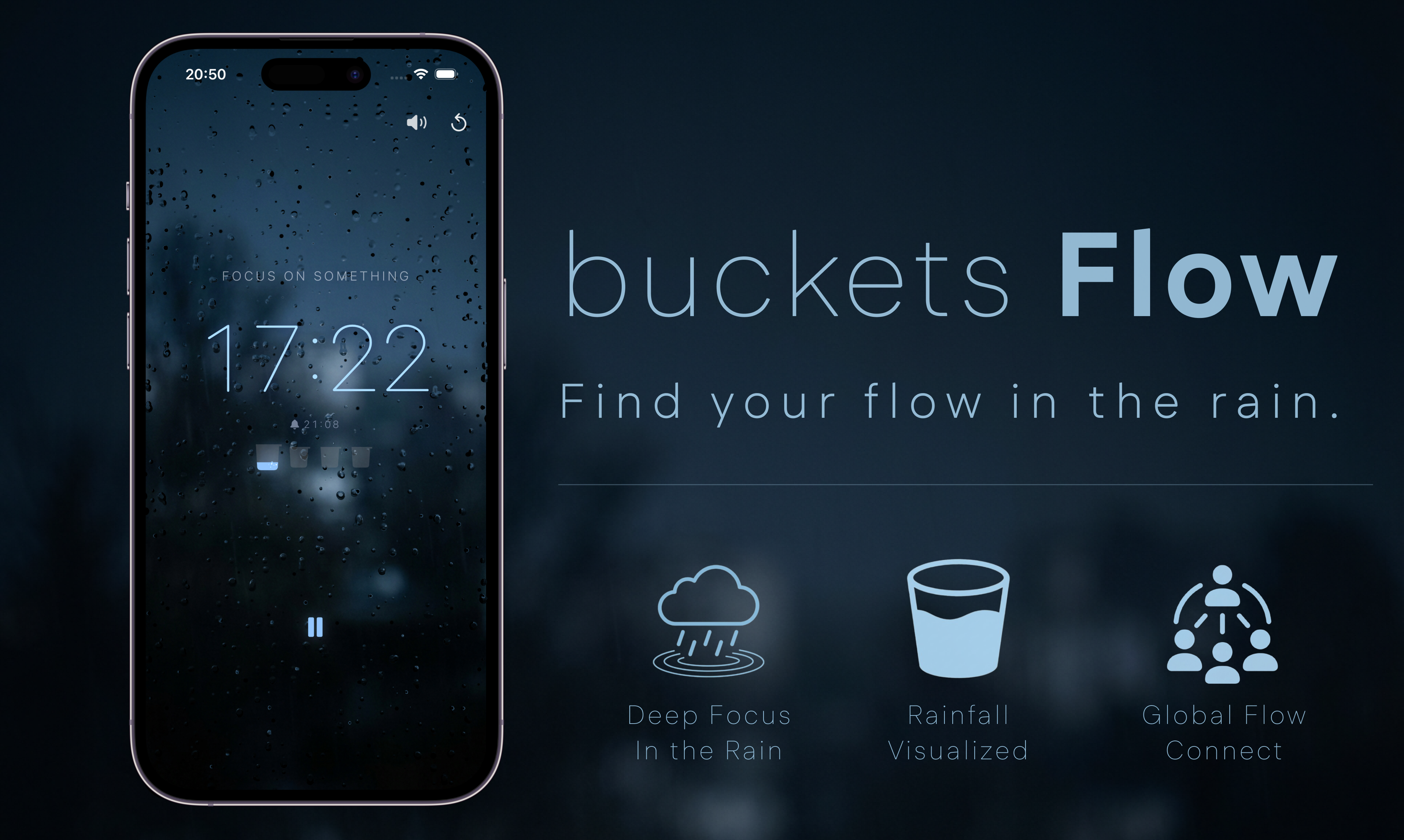 buckets Flow - Focus timer int the rain. - Main product screenshot demonstrating key features and user interface