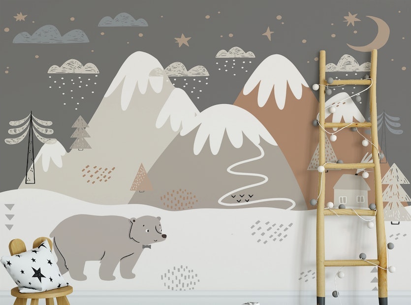 Bear Snow Gray Color Kids Room Wallpaper