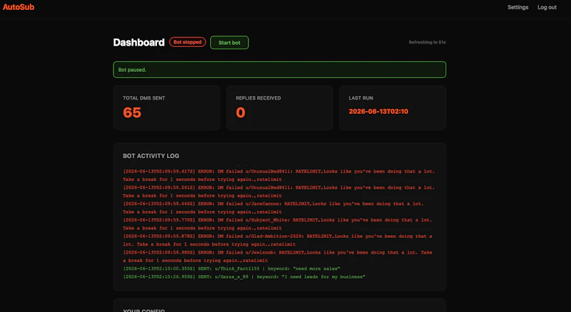 AutoSub — Automated Reddit Outreach screenshot 2