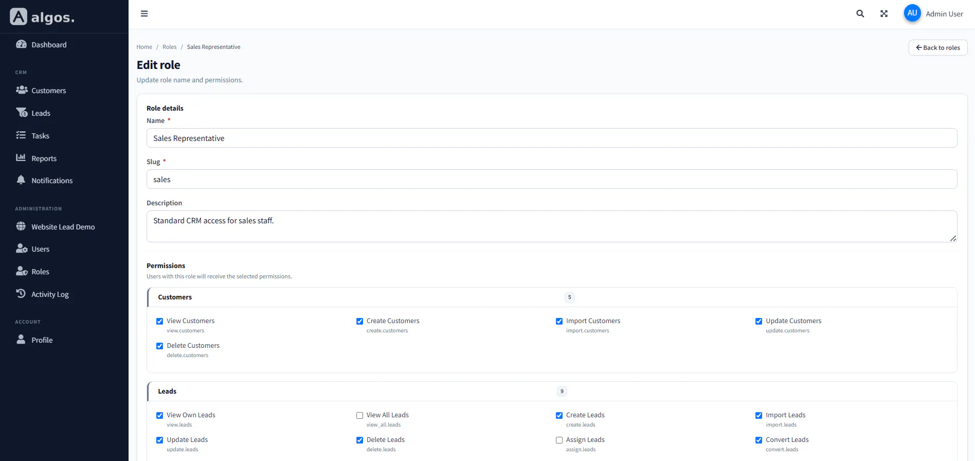 Algos CRM screenshot