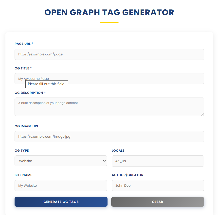 Open Graph Tag Generator - Main product screenshot demonstrating key features and user interface