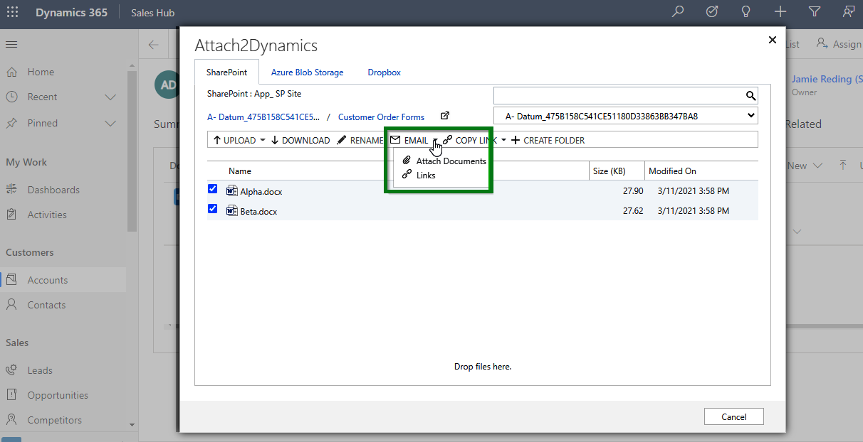 첨부 2dynamics - Dynamics 365 CRM을 Azure, Dropbox 및 SharePoint와 통합하십시오 미디어 3