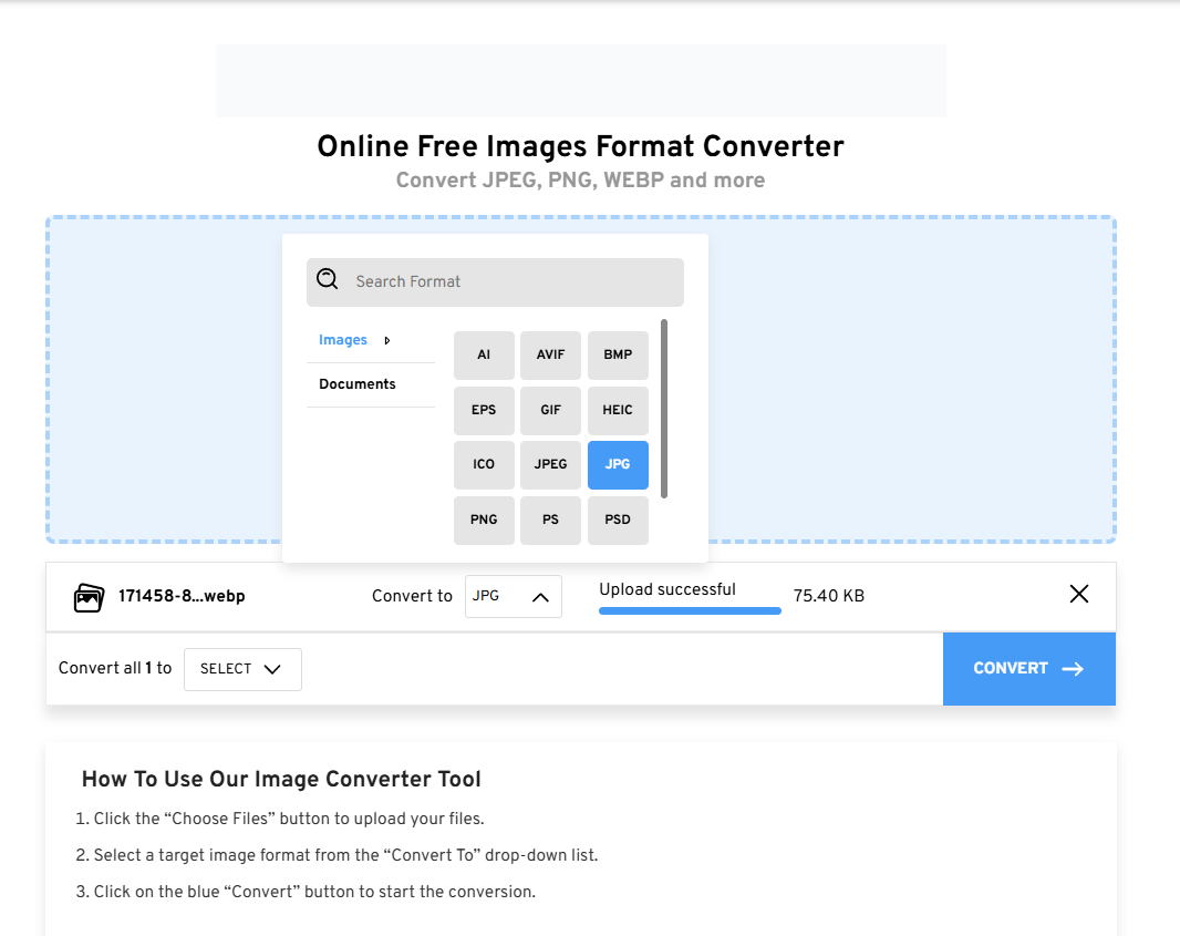 Mídia 2 de Converter de imagem simples - Converta imagens em segundos - PNG, JPG, Webp, GIF e muito mais.