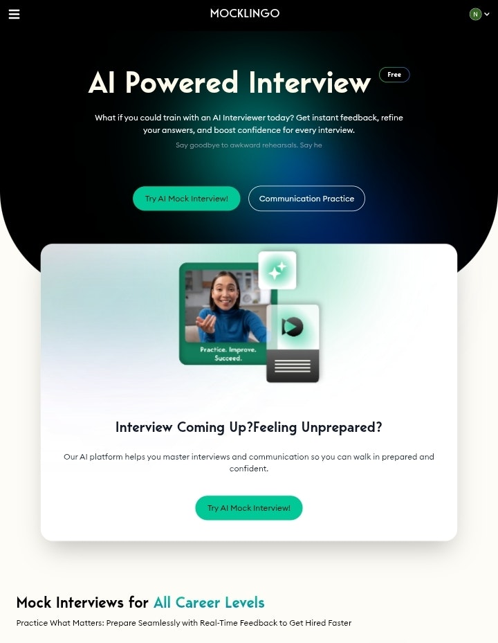 Mocklingo- Ai interview tool - Main product screenshot demonstrating key features and user interface