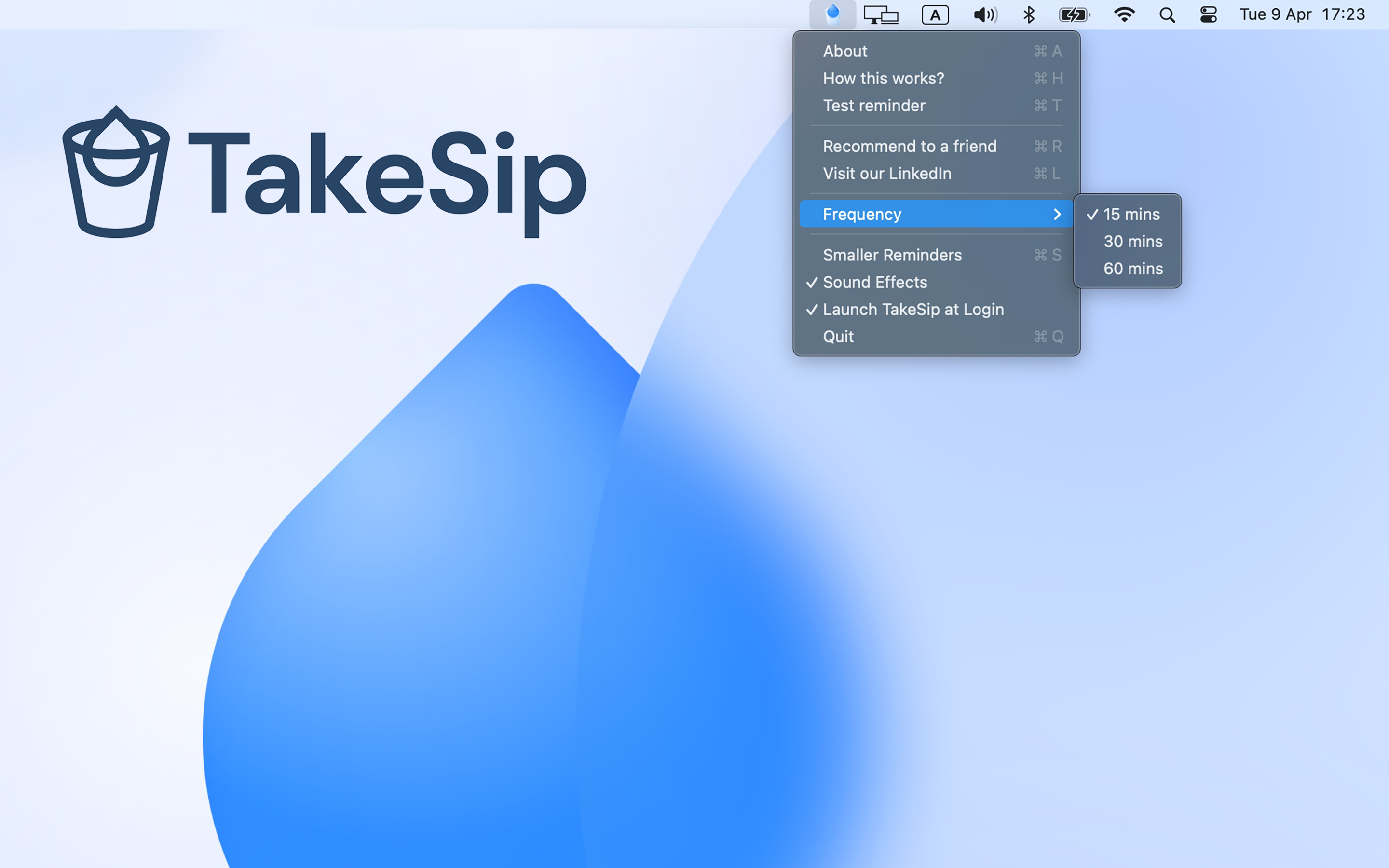 Mídia 2 de Takeip - seu companheiro de hidratação - Lembrando de fazer intervalos de água com um aplicativo macOS simples