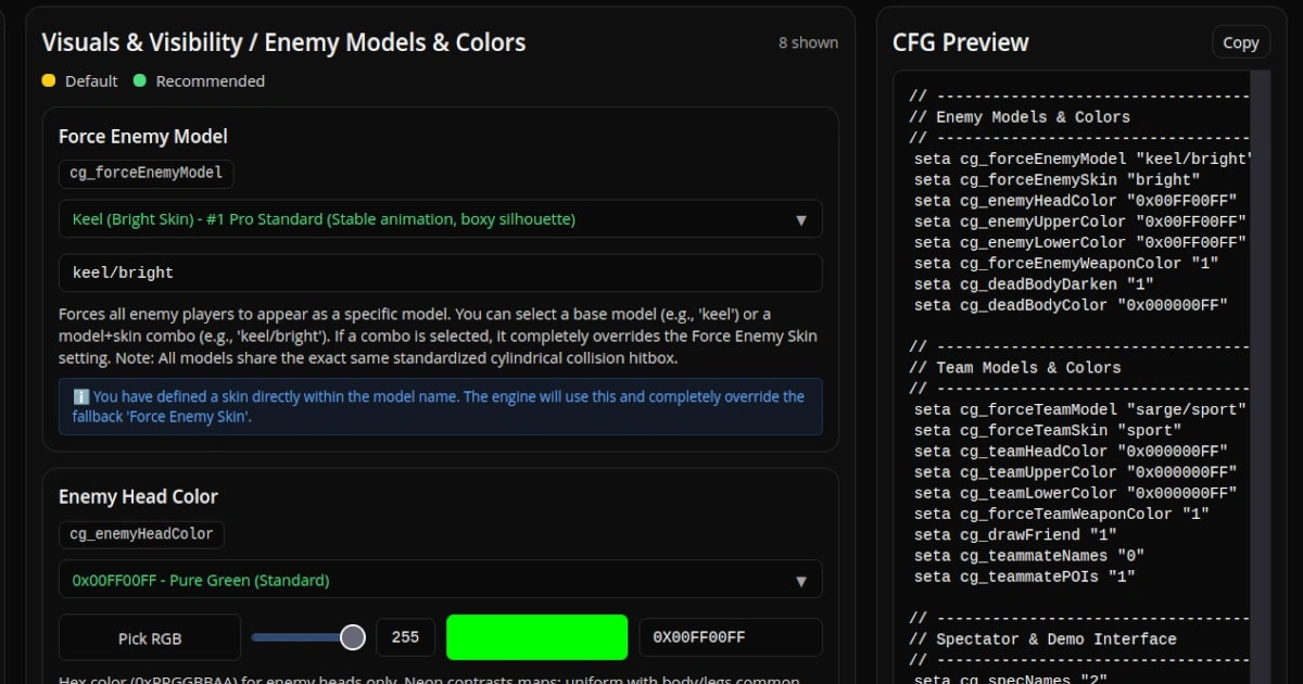 Online Quake Live Config Editor - Screenshot 2 showing product features and functionality