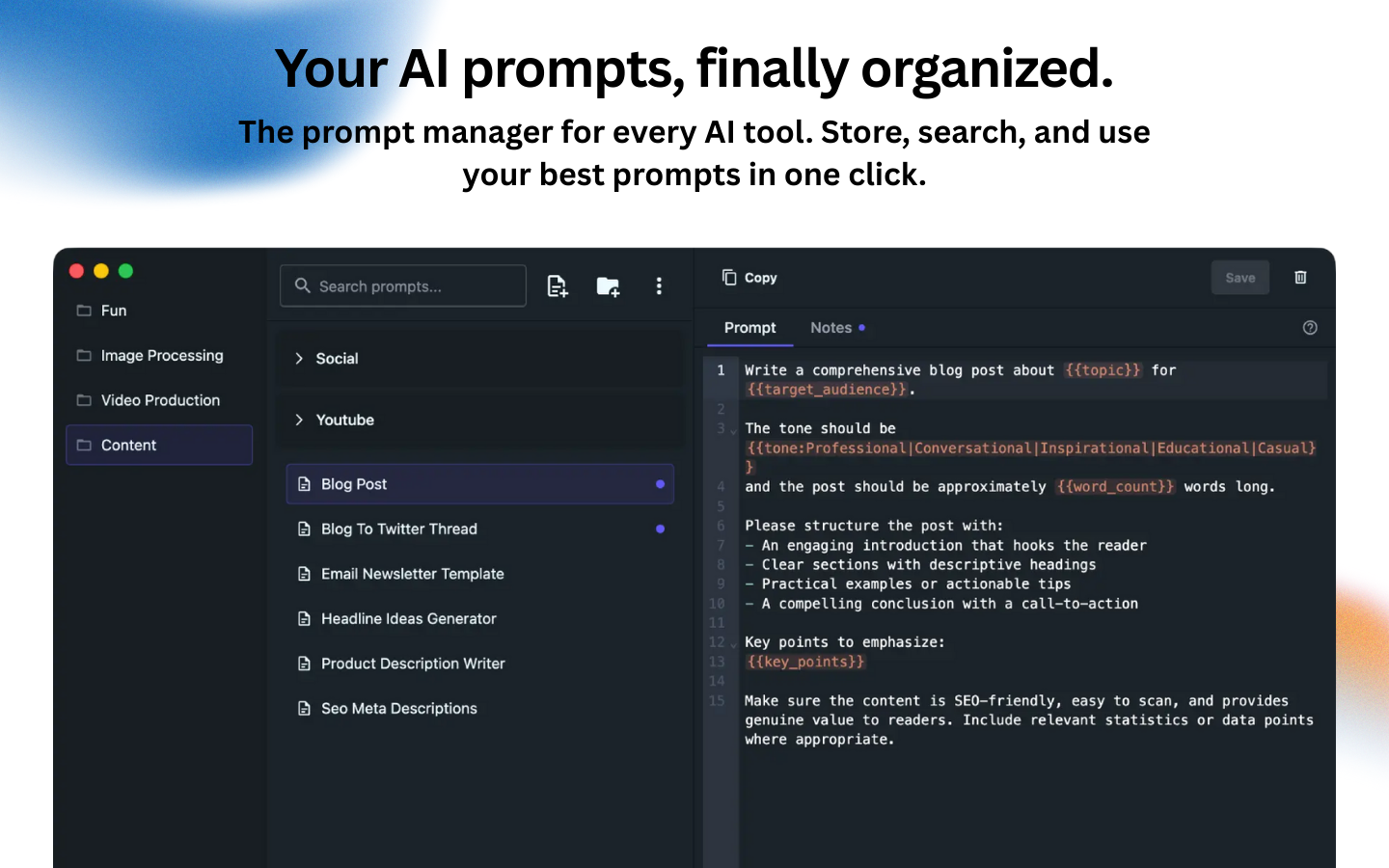 PromptNest for Mac - Main product screenshot demonstrating key features and user interface