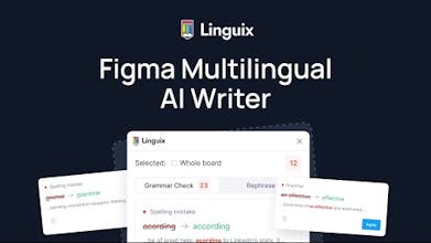 Linguix for Figma는 다국어 콘텐츠 강화와 실시간 문법 수정 기능을 보여주는 인터페이스입니다.