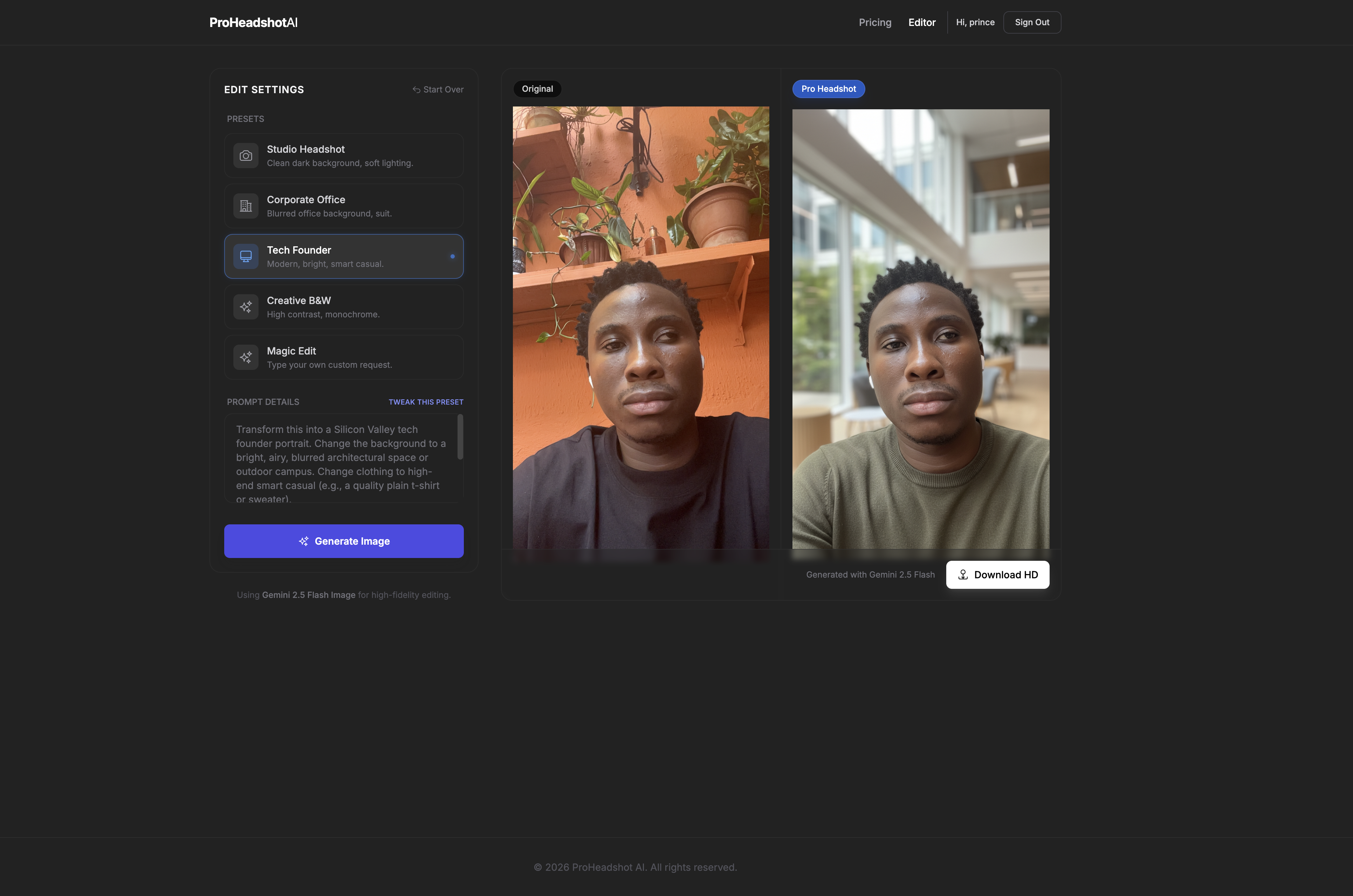 ProHeadshot AI - Main product screenshot demonstrating key features and user interface