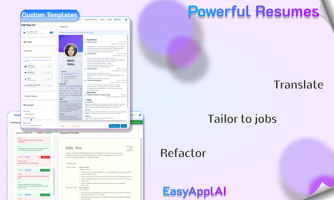 EasyApplai - नौकरी बाजार के लिए अनुकूल - रिज्यूमे, कवर, साक्षात्कार तैयार करें।फेटर, होशियार, आसान। मीडिया 2