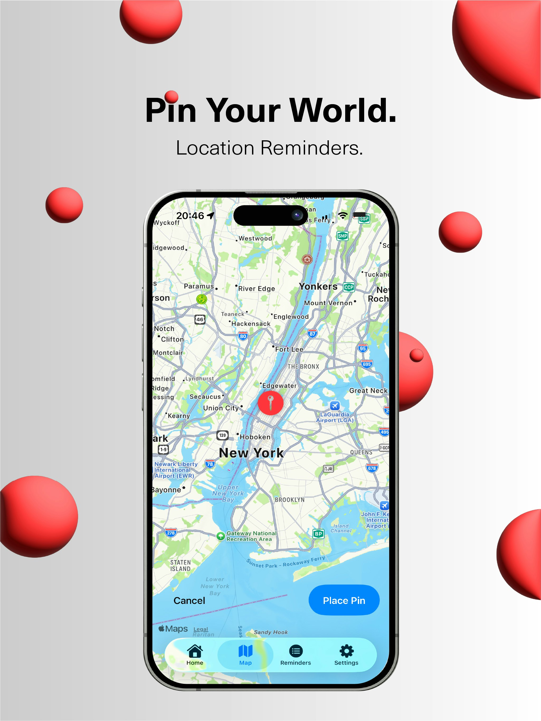 Pinly — Smart Location Reminders - Main product screenshot demonstrating key features and user interface