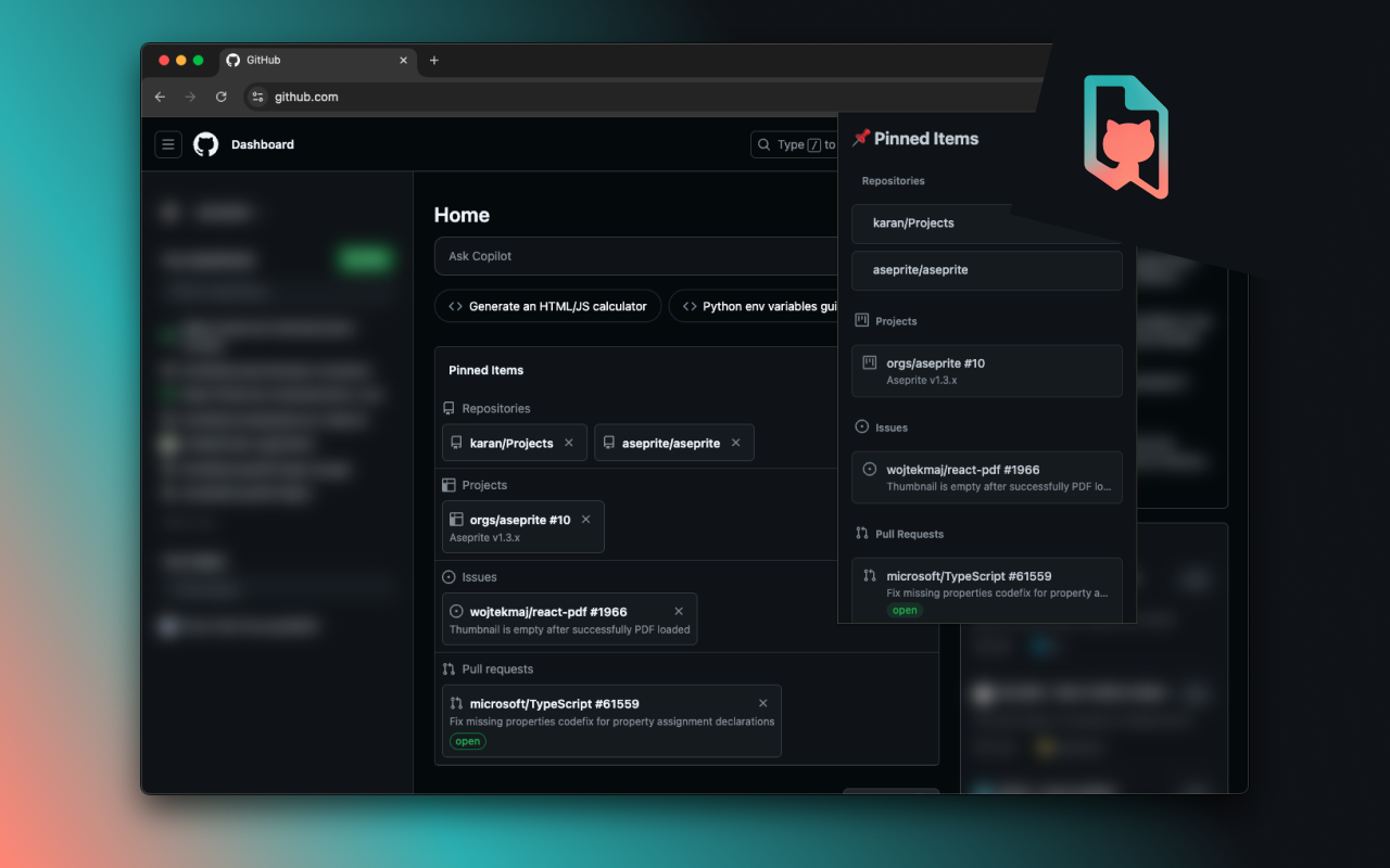 Githubpin - Pin Github Repos, Probleme und PRs für einen schnellen, organisierten Zugang Medien 1