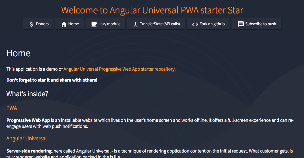 Angular Universal PWA with serverless support (starter/boilerplate) gallery image