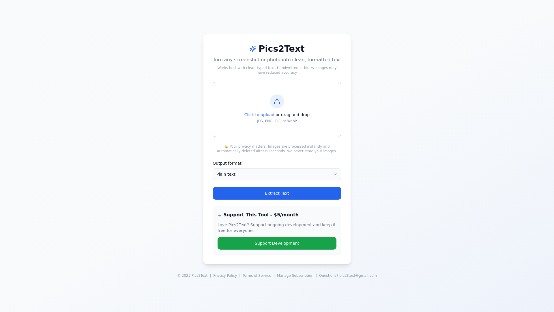Pics2Text - Main product screenshot demonstrating key features and user interface