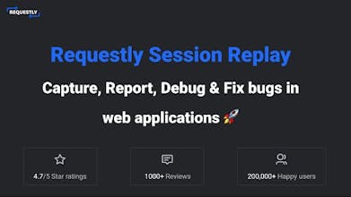 Ein Screenshot, der das Dashboard „Requestly Session Replays“ zeigt und verschiedene Webinteraktionen und Fehlerdetails zeigt.