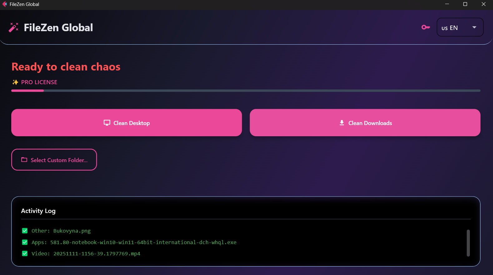 "FileZen: AI File Organizer for Windows" - Main product screenshot demonstrating key features and user interface