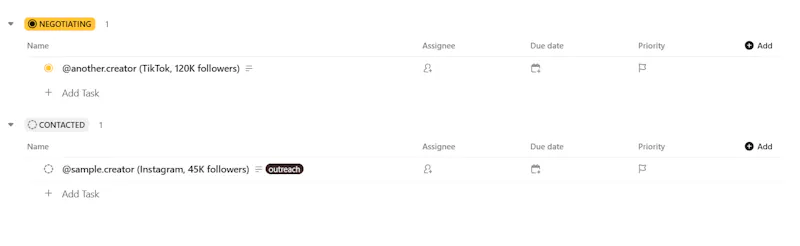 Influencer Campaign OS ClickUp workflow screenshot 1