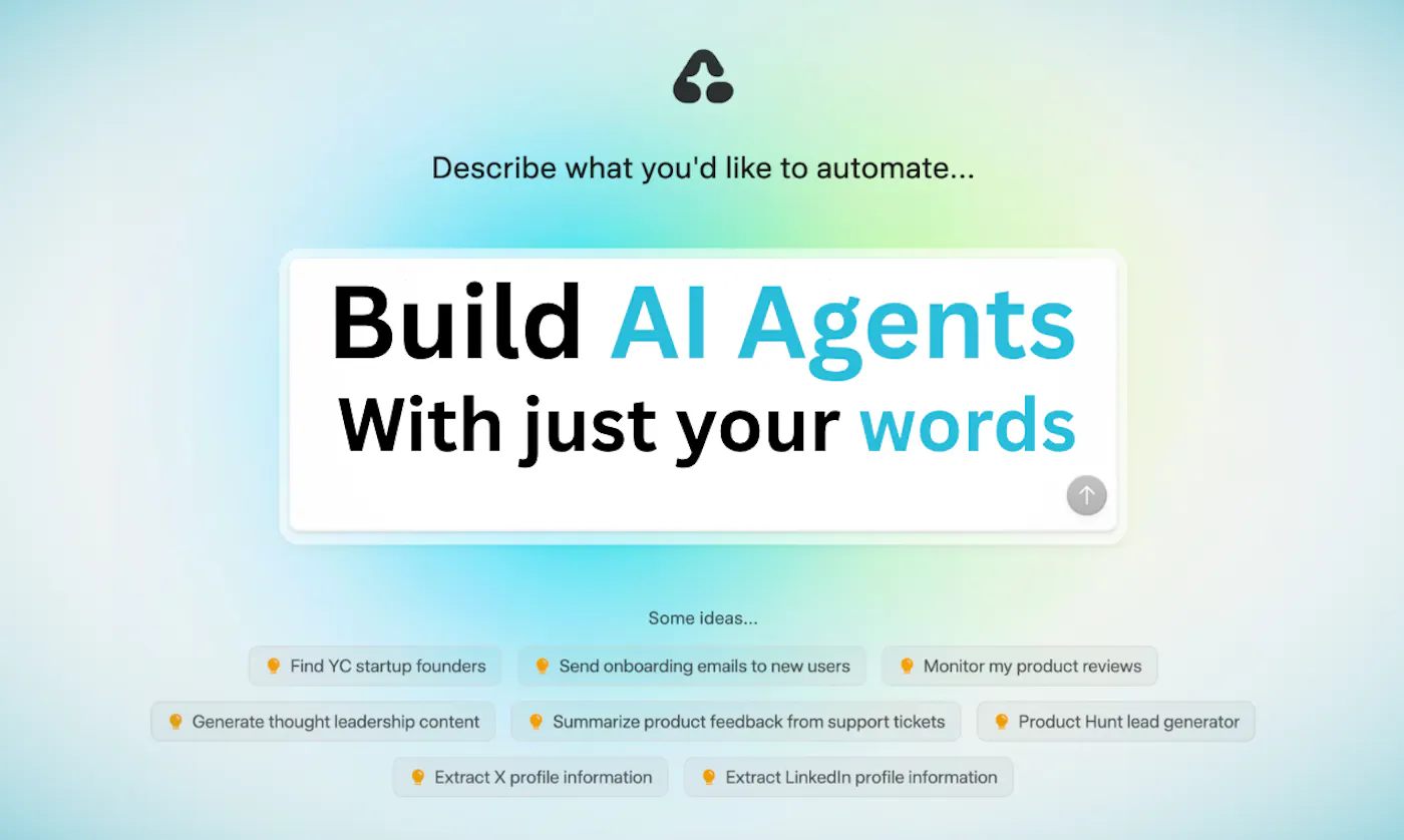 Airtop prompt box reading 'Build AI Agents with just your words', with example ideas such as monitoring product reviews and finding YC startup founders