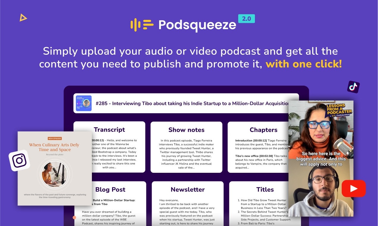 startuptile Podsqueeze 2.0-Repurpose your podcast into clips shownotes blog and more