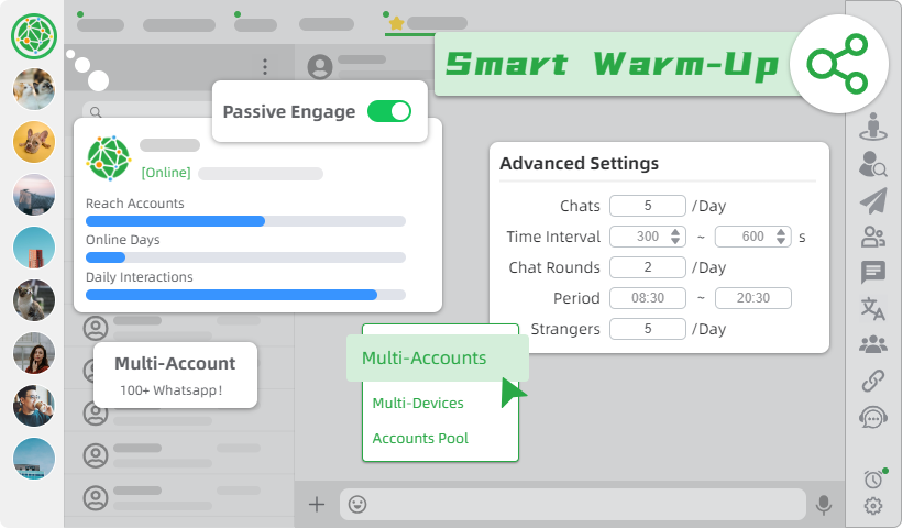 WhatsApp Warmup Tool - Main product screenshot demonstrating key features and user interface