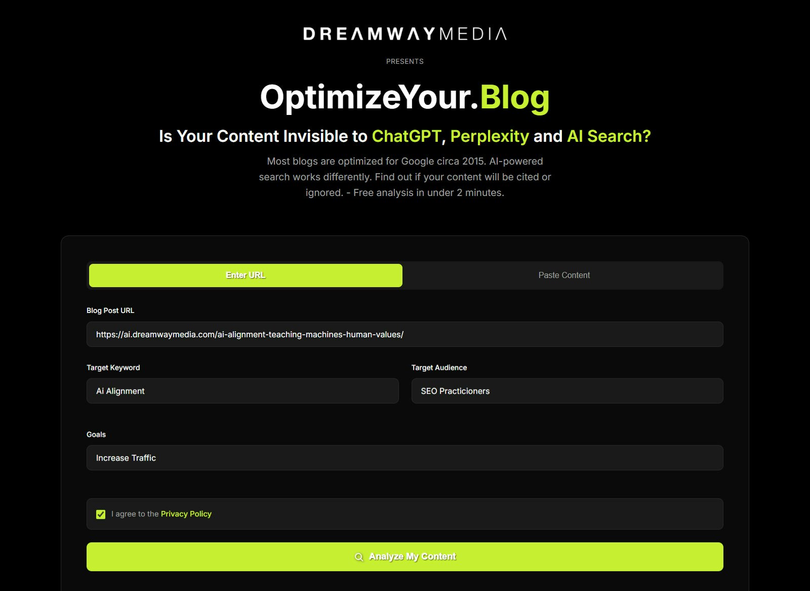 OptimizeYour.Blog - Screenshot 2 showing product features and functionality