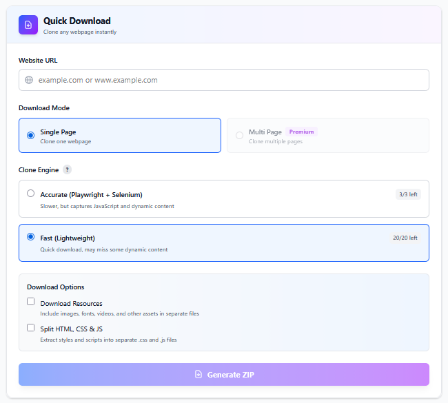 Website2zip - Main product screenshot demonstrating key features and user interface