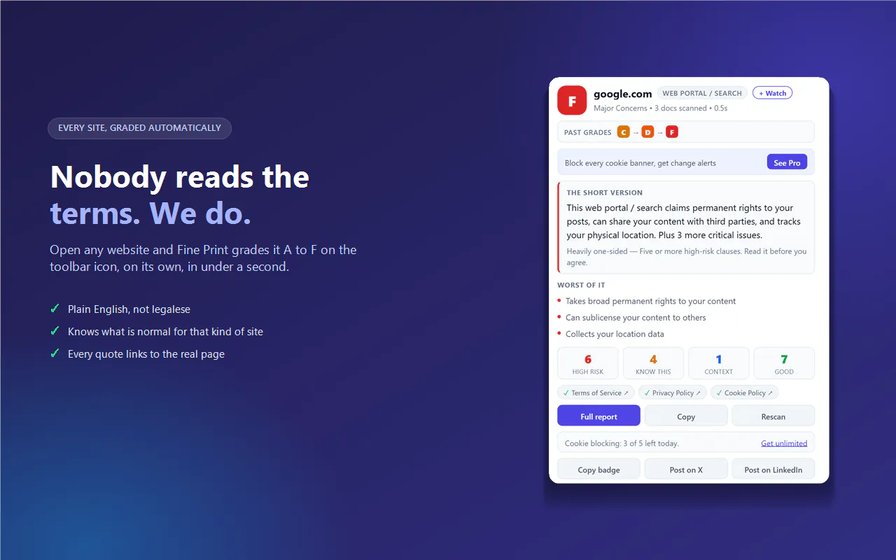 Fine Print Guard-- Instant Tos + privacy gallery image
