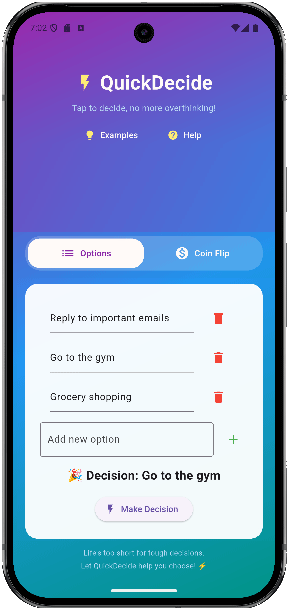 QuickDecide - "टैप करें। तय करें। किया!" मीडिया 1