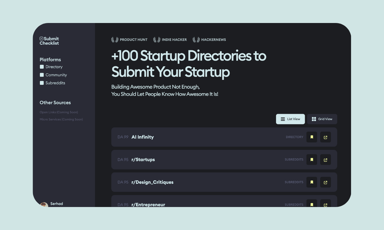 startuptile Submit Checklist-Over 100 directories to showcase your startup