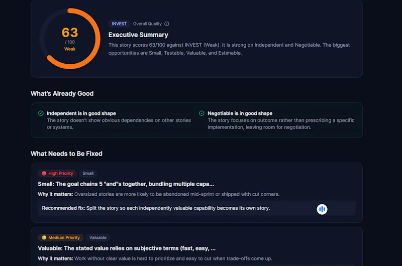 User Story Quality Analyzer screenshot 2