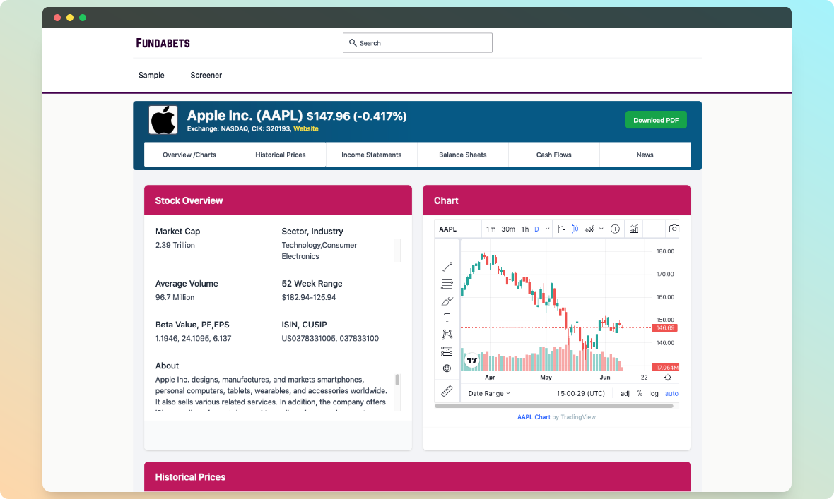 Fundabete - Grundlegende Analysetool für S & P 500 und NASDAQ 100 -Aktien Medien 2