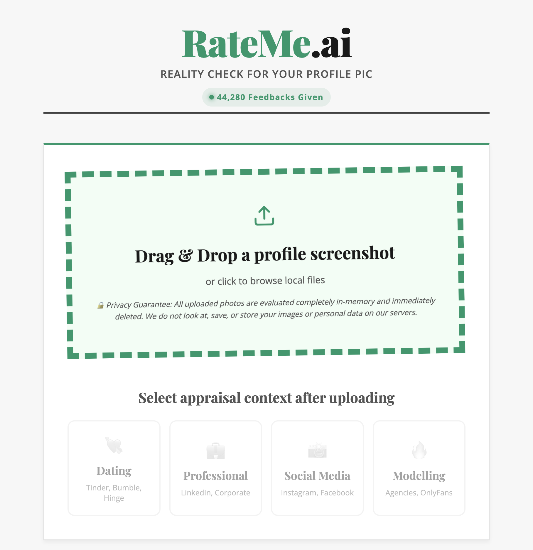RateMe.ai - Main product screenshot demonstrating key features and user interface