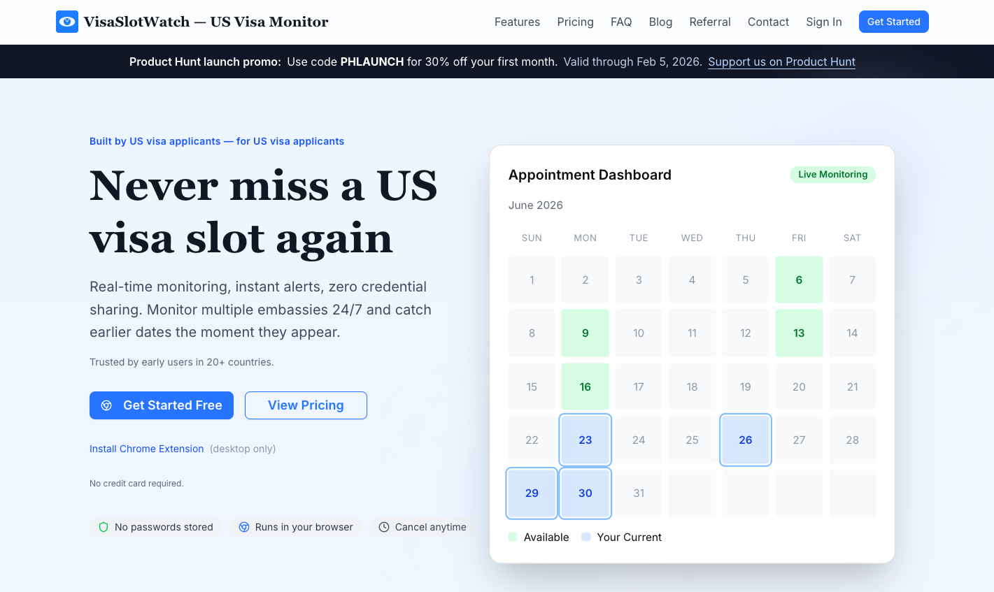 VisaSlotWatch - Main product screenshot demonstrating key features and user interface