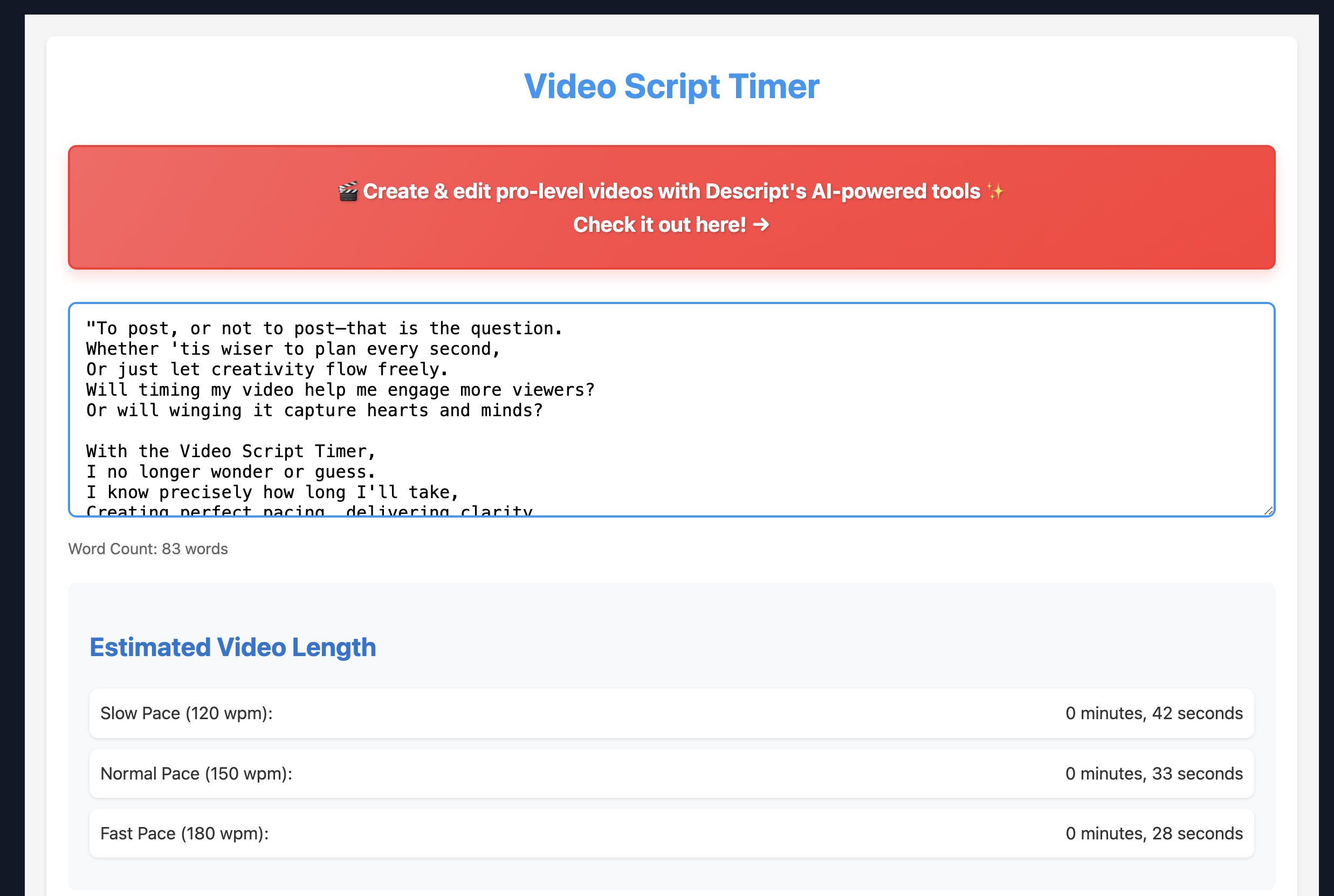 Kostenloser Video -Skript -Timer - Zeiten Sie Ihre Videoskripte für makellose Lieferung Medien 3