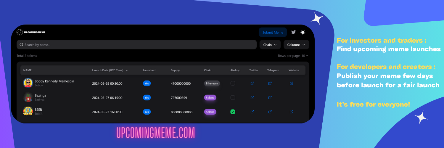upcomingmeme.com - Solana Ethereumベースの今後のミームコインのディレクトリメディア1